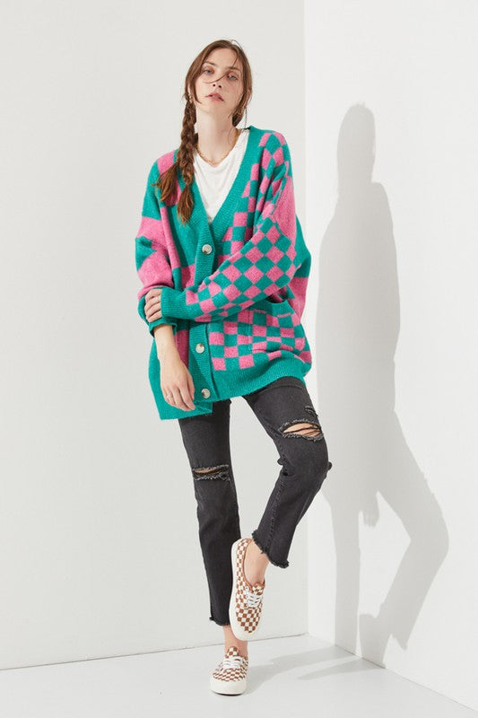 Jade By Jane Plus Size Oversized Checkered V-Neck Tunic Cardigan Sweater