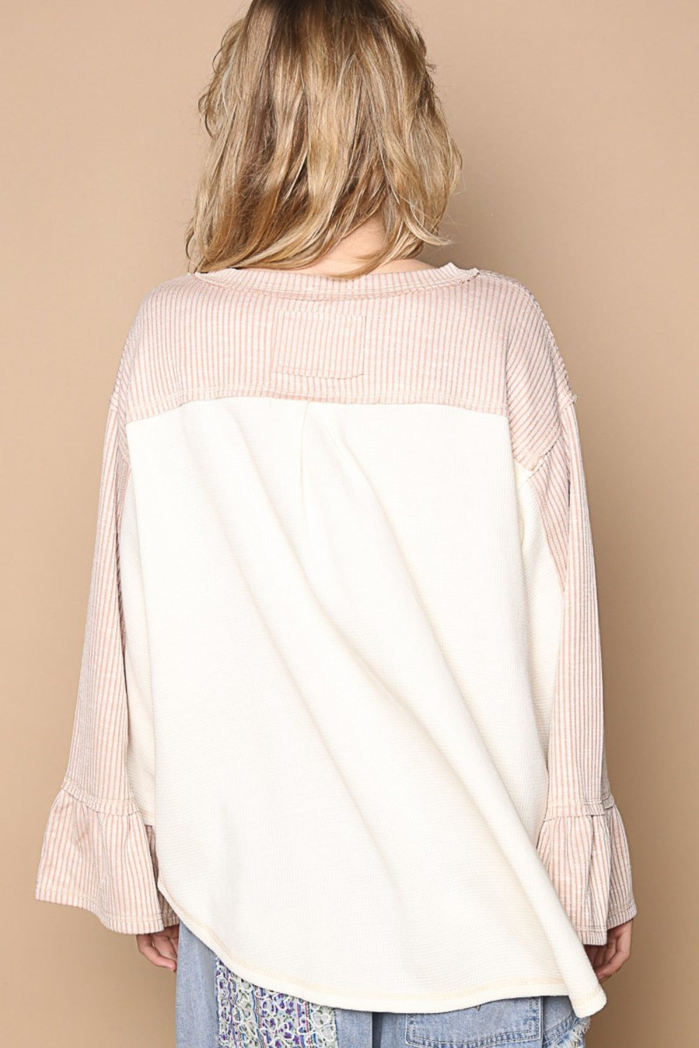 POL Striped Color Block Flounce Sleeve Henley Top in Cream/Pink