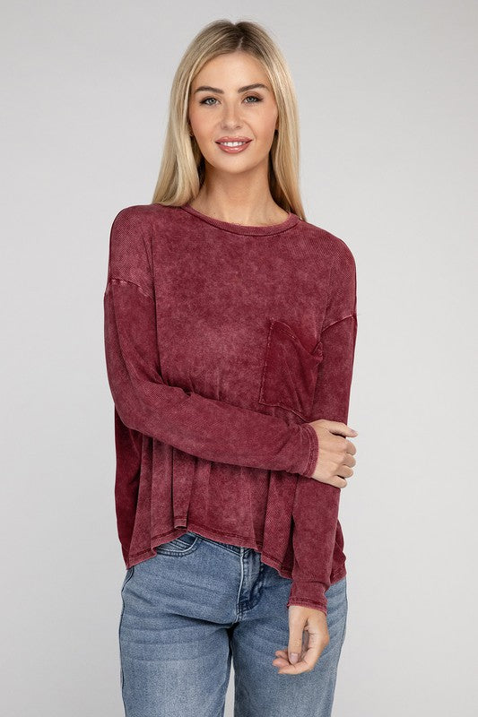 Zenana Color Washed Chest Pocket Long Sleeve T-Shirt in 3 Colors