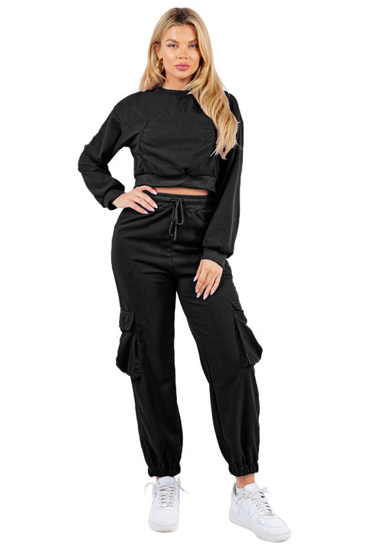 BY CLAUDE TWO PIECE LONG SLEEVE CROP TOP AND CARGO PANTS SWEATSUIT