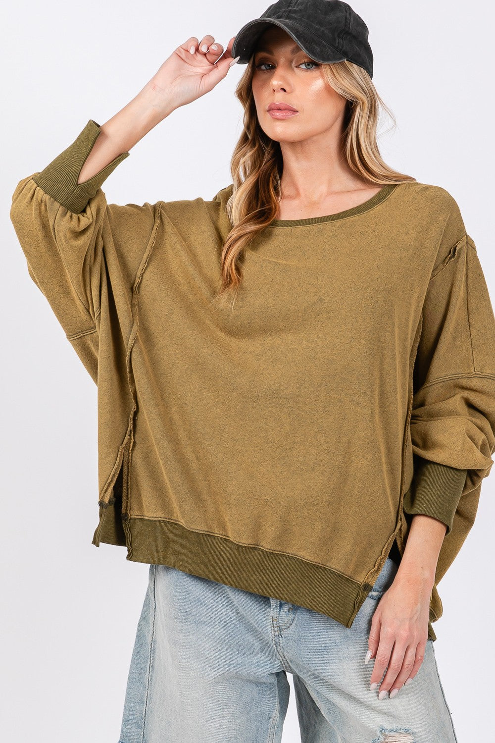 SAGE + FIG Mineral Wash Side Slit Oversized Sweatshirt in Olive