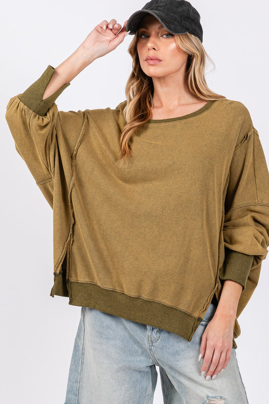 SAGE + FIG Mineral Wash Side Slit Oversized Sweatshirt in Olive