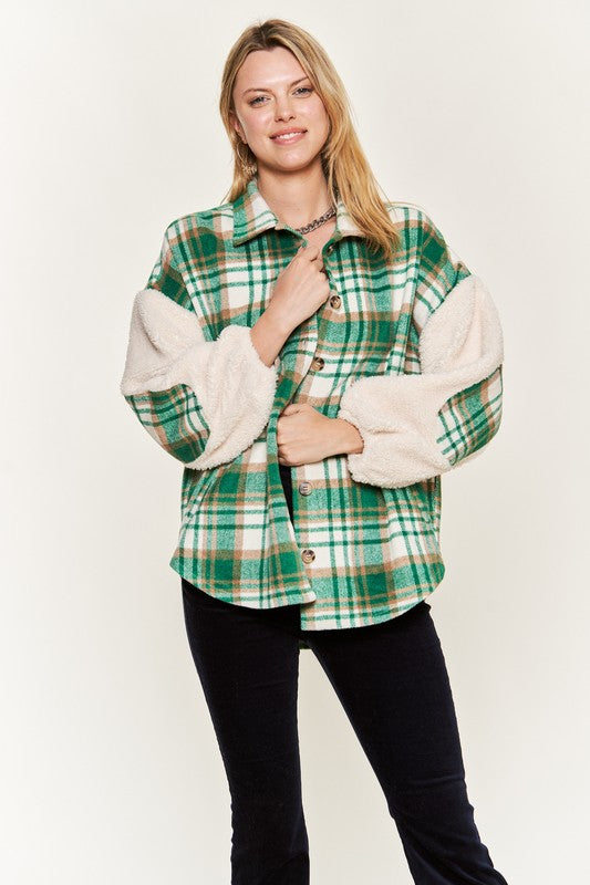 Jade By Jane Multi Plaid Fuzzy Sleeve Jacket