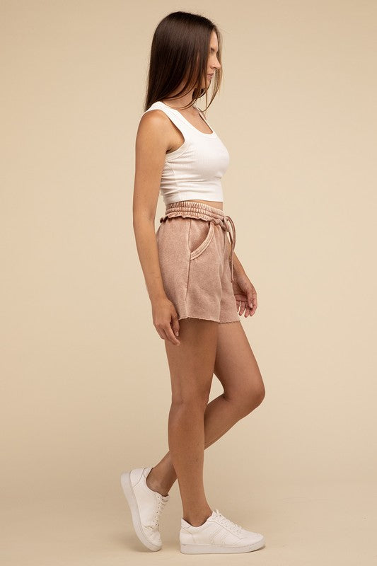 Zenana Acid Wash Fleece Drawstring Shorts with Pockets in Ash Mocha or Rust