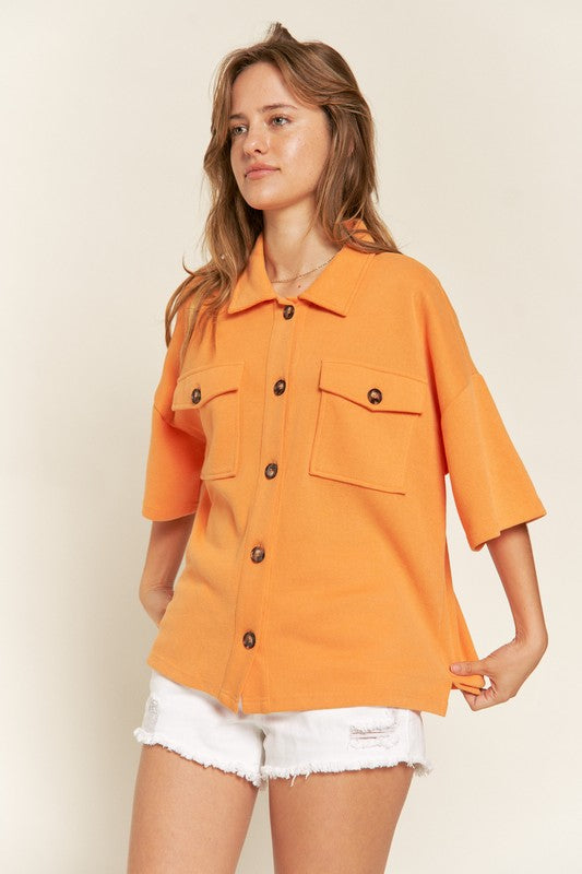 Jade By Jane Smiley Face on Back Button-Down Short Sleeve Shirt in 3 Colors