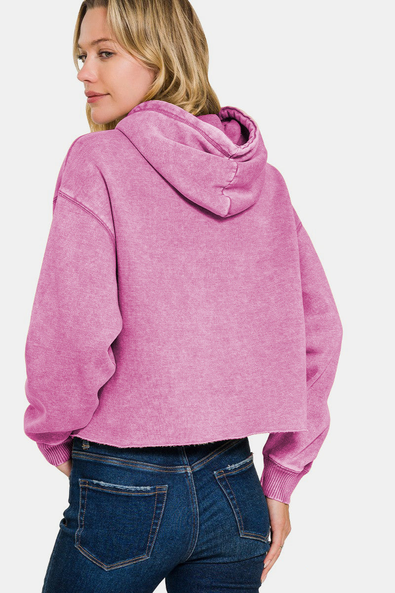 Zenana Acid Washed Fleece Cropped Drawstring Hoodie in Light Mauve Pink