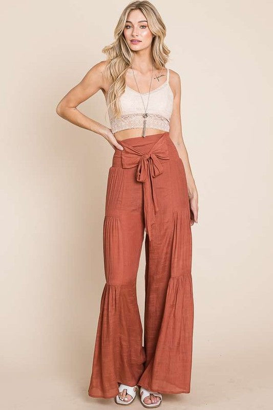 Jade By Jane Plus Size Tie Front Ruched Waist Wide Leg Pants