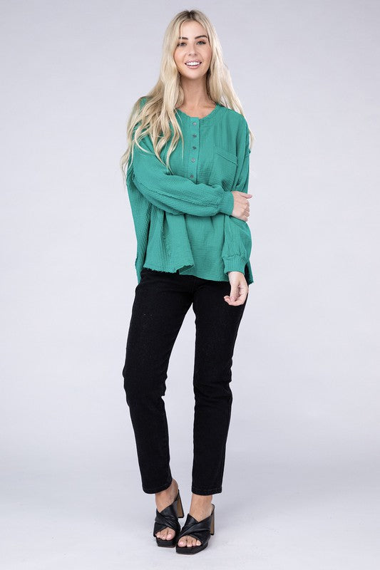 Zenana Double Cotton Gauze Oversized Raw Hem Henley Shirt in 8 Colors