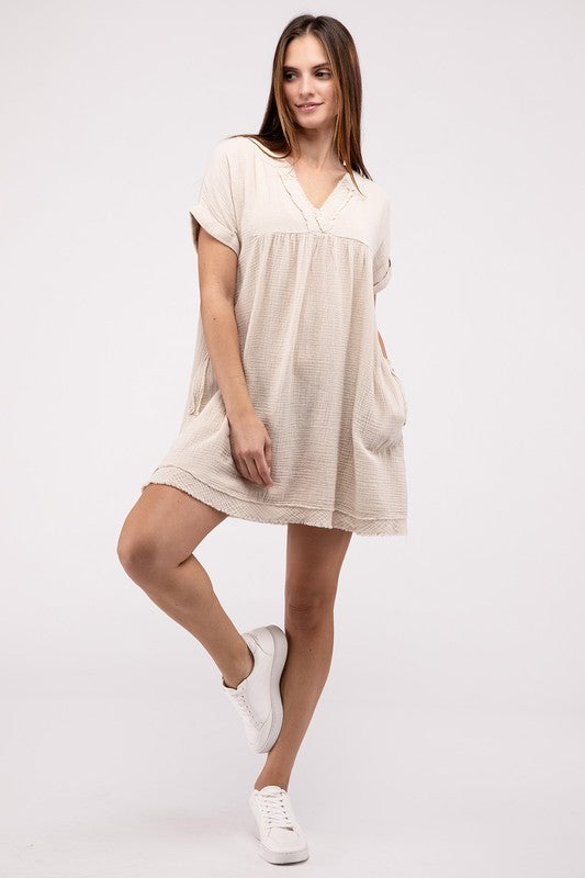 Zenana Cotton Gauze Rolled Short Sleeve Raw Edge V-Neck Mini Dress - 4 Colors