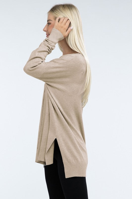 Zenana Front Seam Side Slit V-Neck Tunic Sweater in 5 Colors