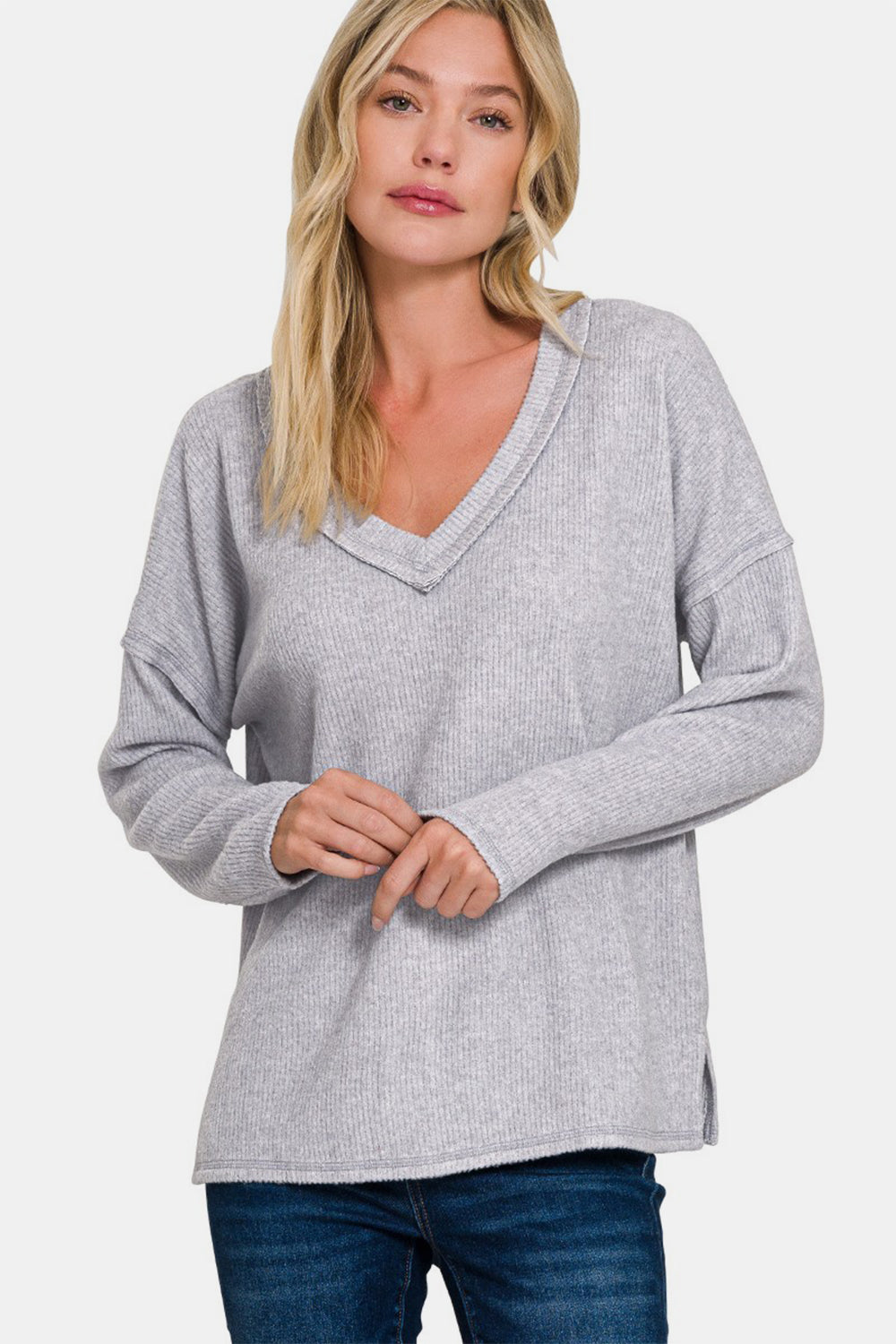 Zenana Exposed Seam Ribbed Long Sleeve V-Neck Top in Heather Gray Sm to 3XL