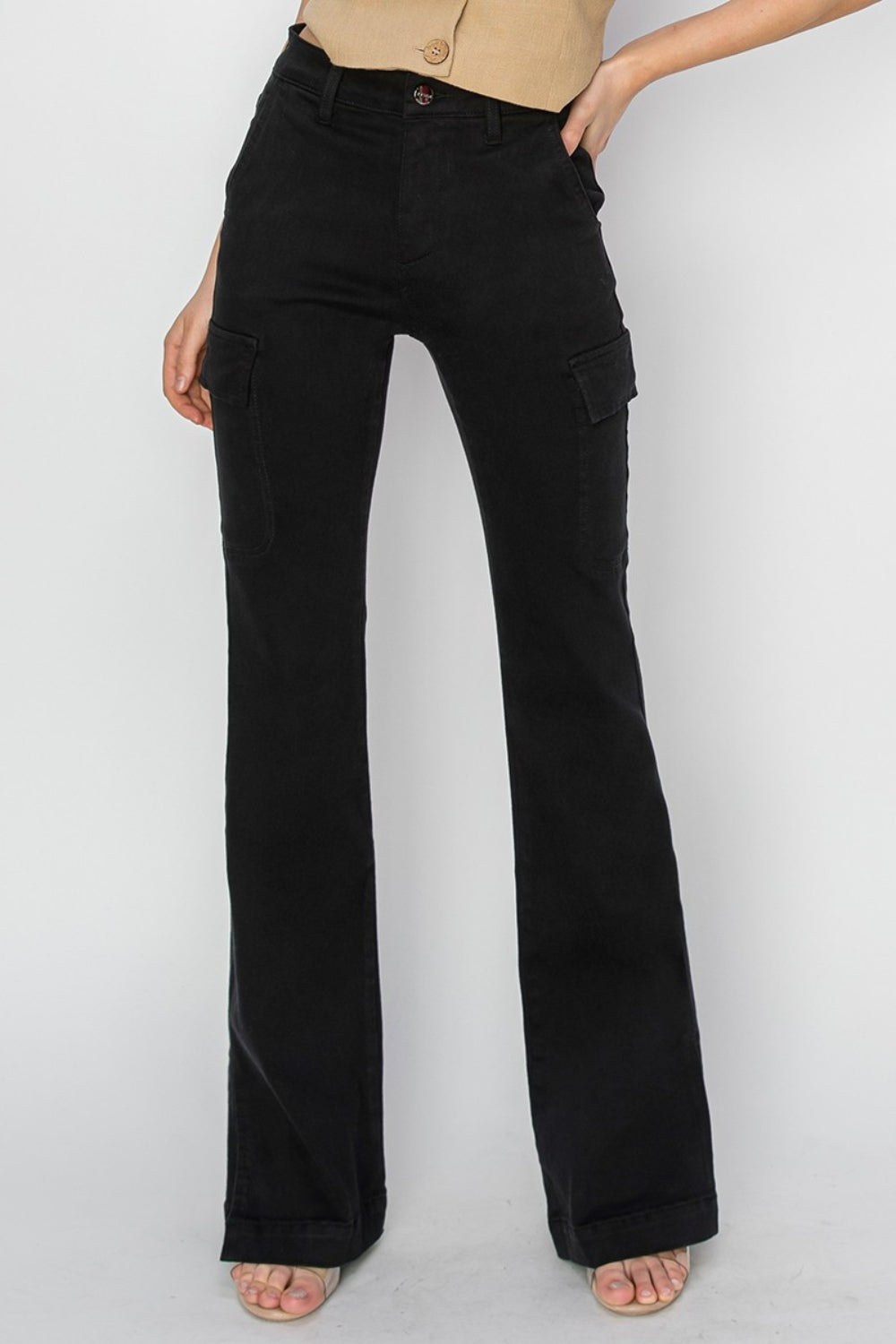 RISEN Full Size High Rise Slit Hem Cargo Bootcut Jeans in Black