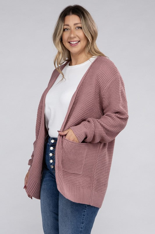 Zenana Plus Waffle-Knit Open Front Tunic Cardigan Sweater with Pockets in 5 Colors