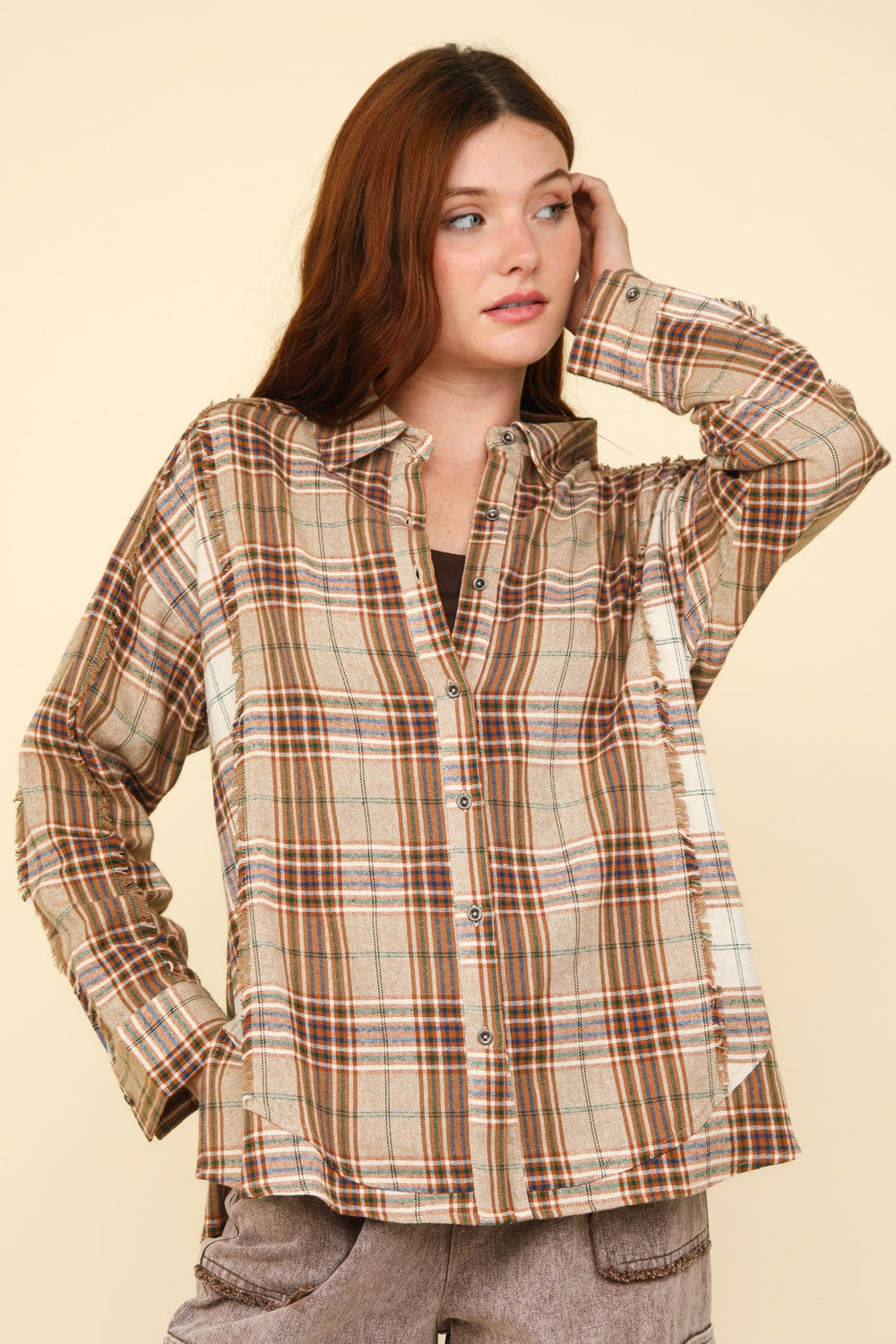 VERY J Contrast Plaid Raw Detail Button-Down Shirt in Taupe Brown Multi NWT