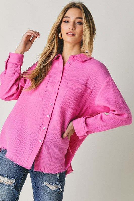 Davi & Dani Cotton Gauze Button Down Long Sleeve Shirt in 2 Colors