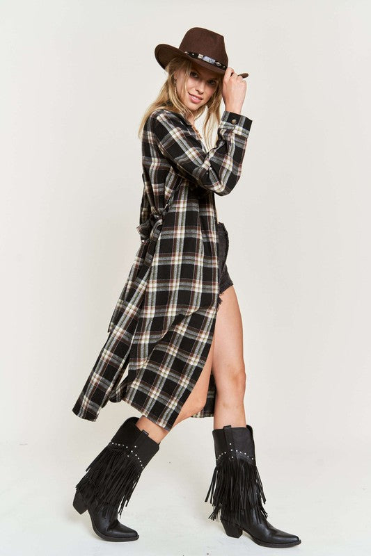 JADE BY JANE PLUS SIZE PLAID LONG SLEEVE BUTTON FRONT MIDI DRESS IN 3 COLORS