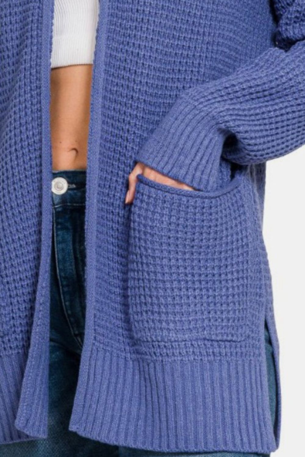 Zenana Waffle Knit Open Front Tunic Cardigan Sweater in Marlin Blue