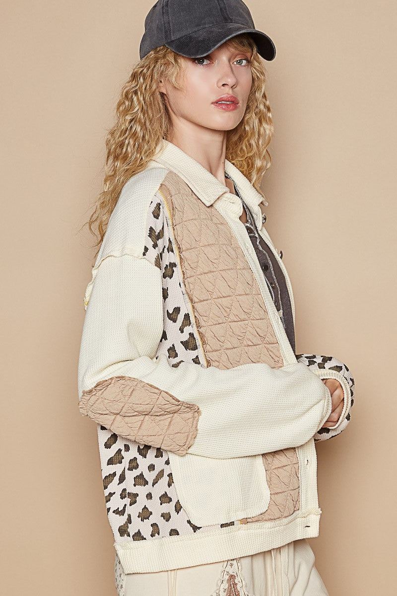 POL Leopard Exposed Seam Button Up Quilted Jacket in Cream Multi