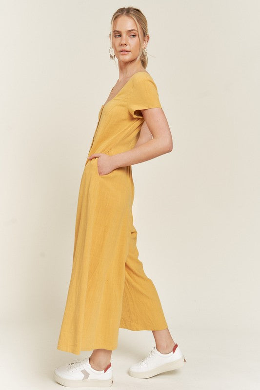 Jade by Jane Linen Button-Down Wide Leg Jumpsuit in Navy and Mustard