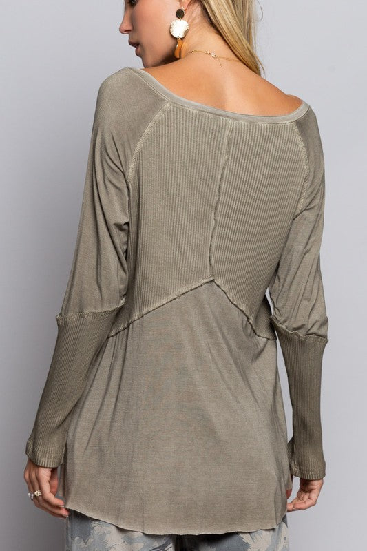 POL Vintage Washed Long Sleeve V-Neck Top in 3 Colors