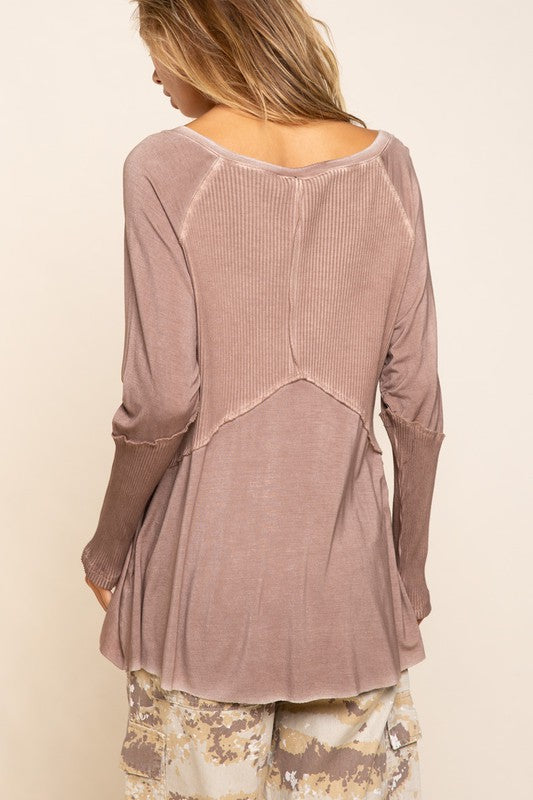 POL Vintage Washed Long Sleeve V-Neck Top in 3 Colors