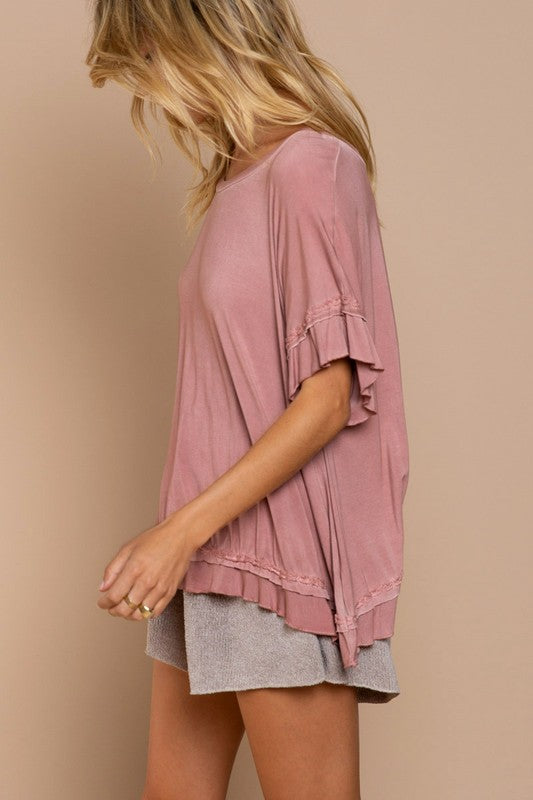 POL Ruffle Overlay Back Short Sleeve Top