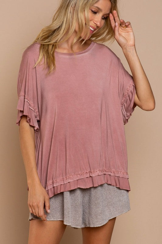 POL Ruffle Overlay Back Short Sleeve Top