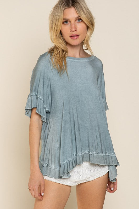 POL Ruffle Overlay Back Short Sleeve Top