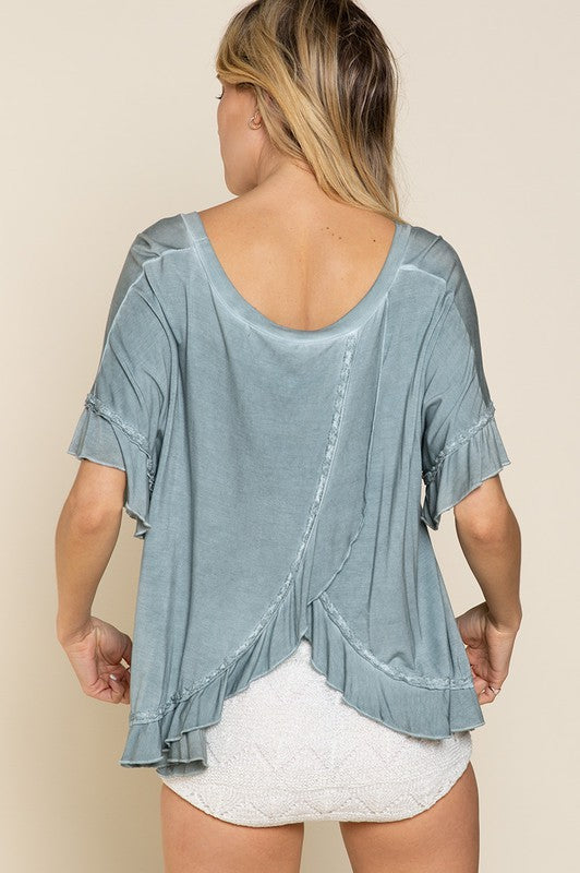 POL Ruffle Overlay Back Short Sleeve Top