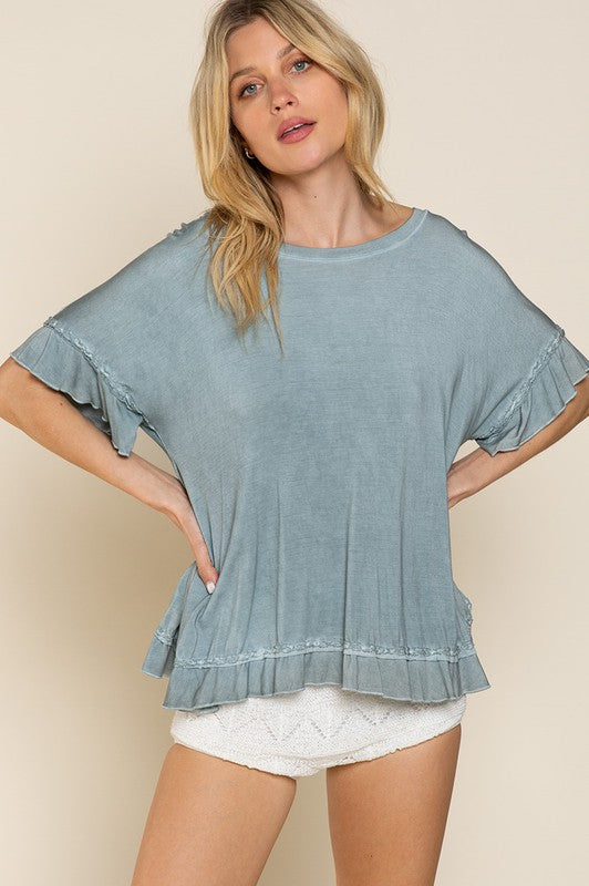 POL Ruffle Overlay Back Short Sleeve Top