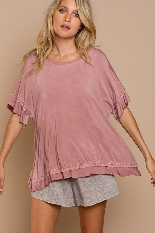 POL Ruffle Overlay Back Short Sleeve Top