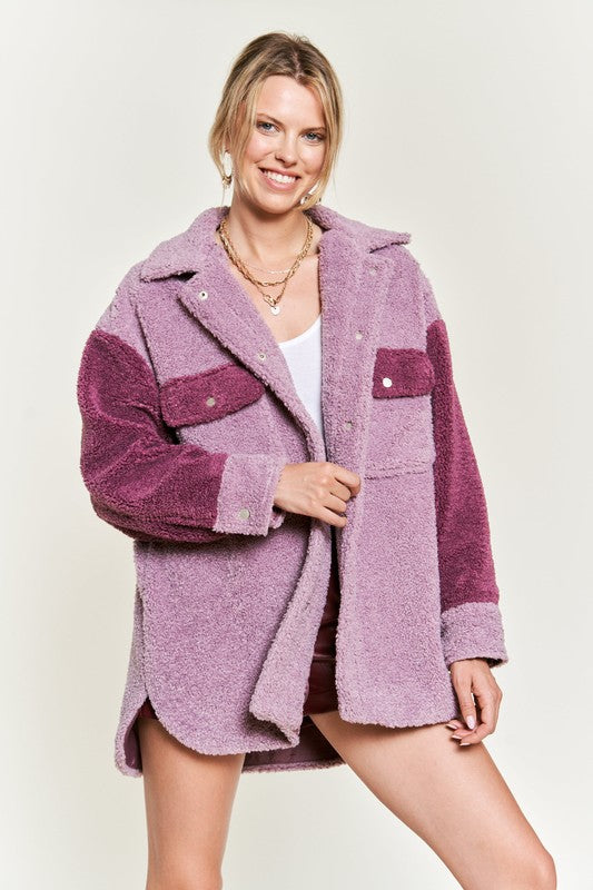 Jade By Jane Colorblock Sherpa Shirt Jacket in Berry or Taupe