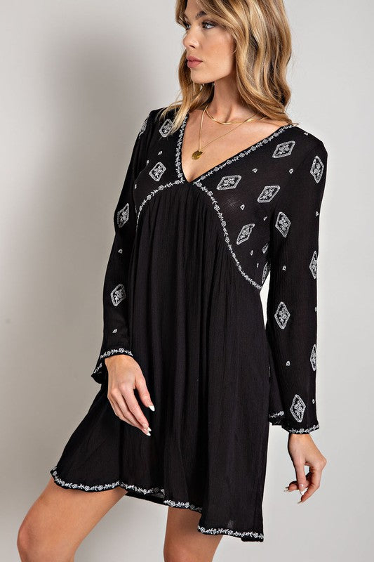 Sweet Generis Embroidered Long Sleeve Surplice Mini Dress in Black