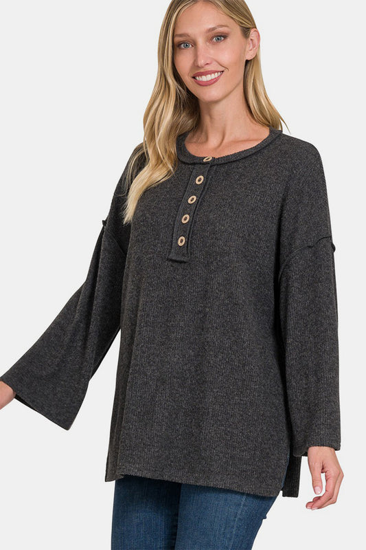 Zenana Ribbed Knit Bell Sleeve Henley T-Shirt Top in Black NWT