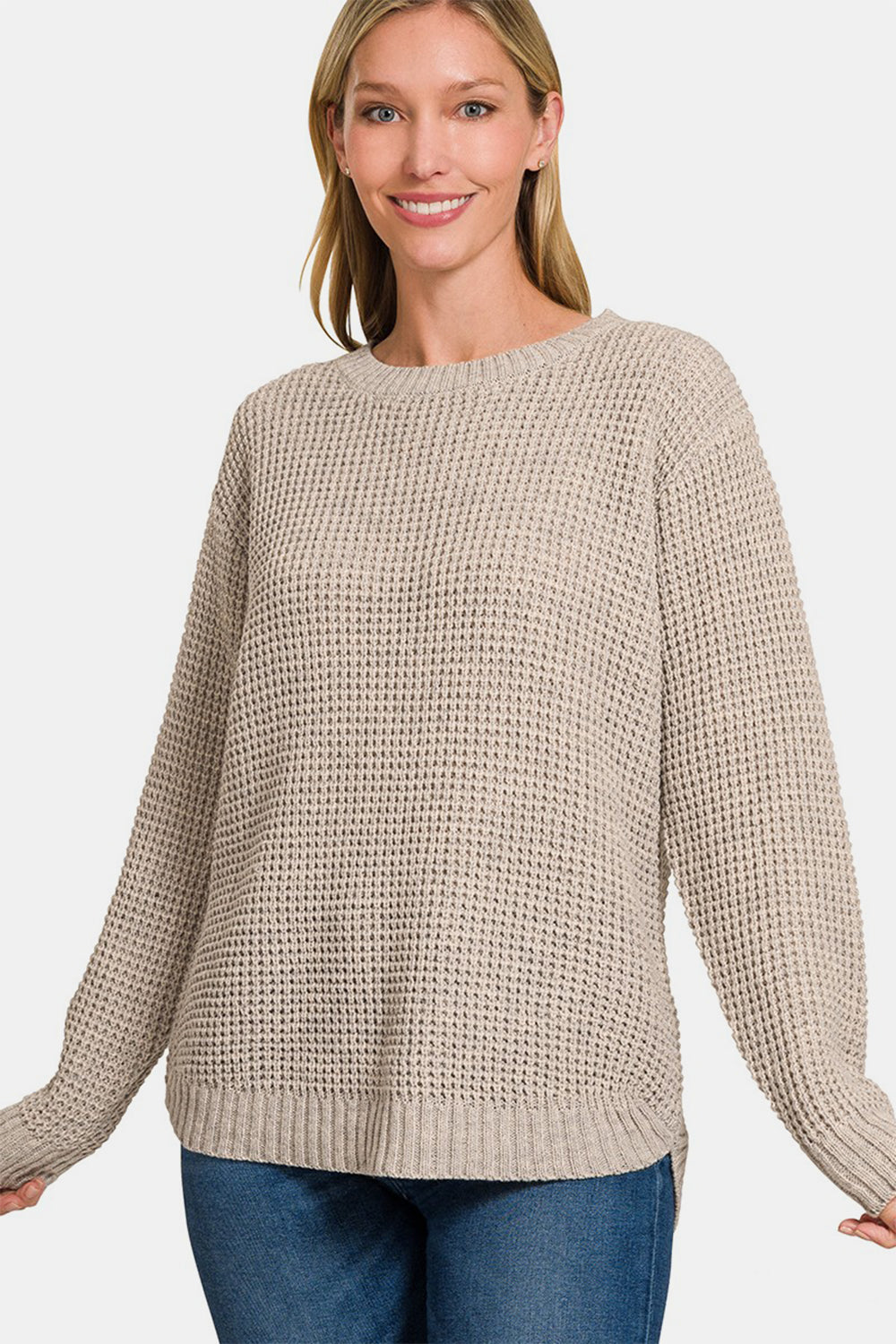 Zenana High-Low Hem Long Sleeve Waffle-Knit Tunic Sweater in Heather Mocha