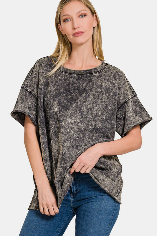 Zenana Oversized Raw Hem Tunic Tee in Washed Black