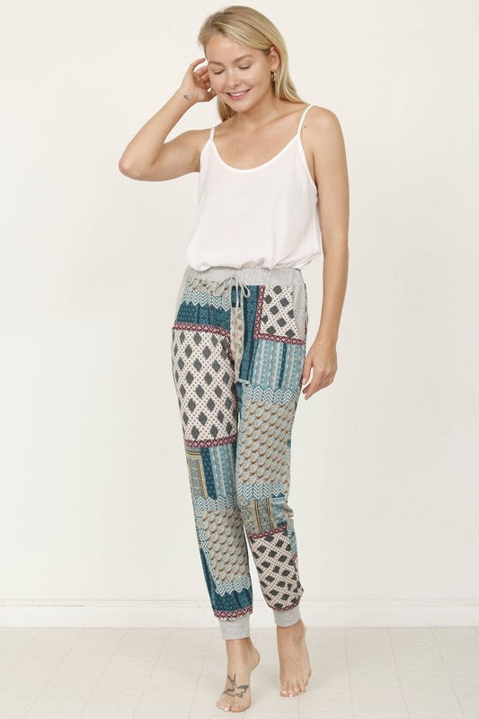 EG Fashion Plus Size Quilted Patchwork Print Joggers in Teal or Red