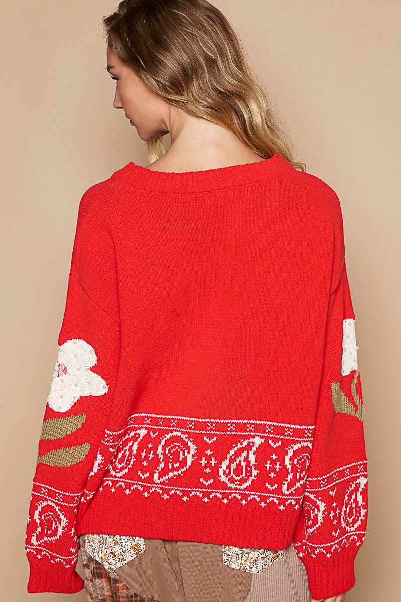 POL Flower Lace Patch Long Sleeve Sweater in Red Multi