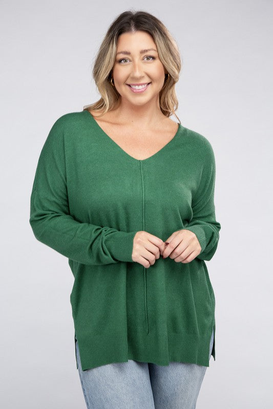 Zenana Plus Size Front Seam V-Neck Tunic Sweater