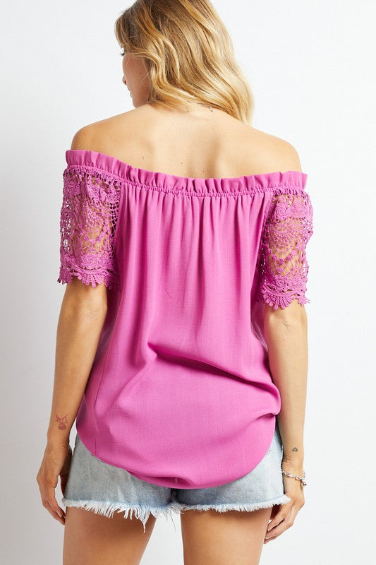 Davi & Dani Crochet Lace Sleeve Off Shoulder Top