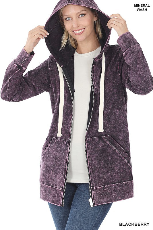 Zenana Mineral Washed Full Zip Hoodie Jacket