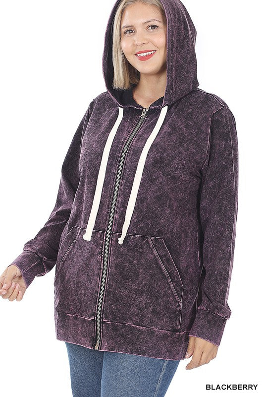 Zenana Plus Mineral Wash Zipper Hoodie Jacket