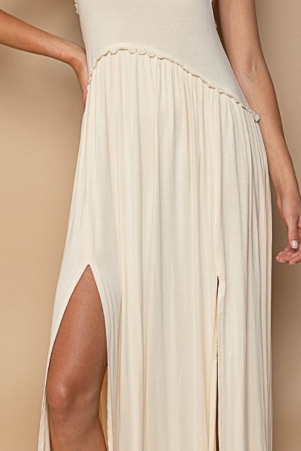 POL Babydoll Stone Washed Crochet Slit Maxi Tank Dress in Cream