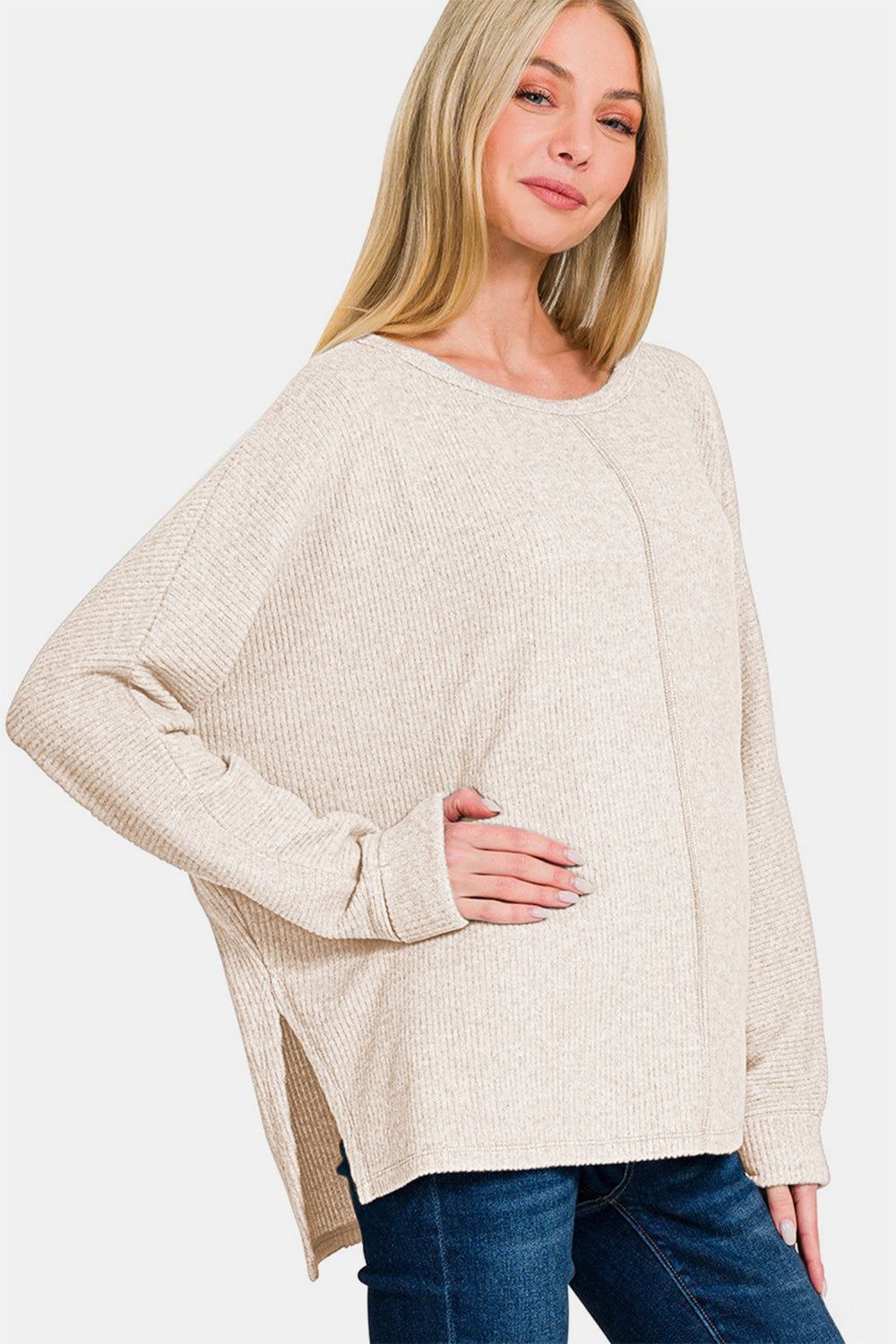 Zenana High-Low Side Slit Long Sleeve Round Neck T-Shirt Top in Sand Beige