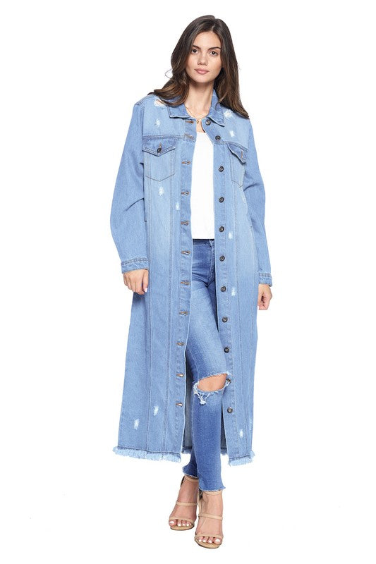 Blue Age Longline Distressed Denim Trench Coat Jacket in 4 Colors