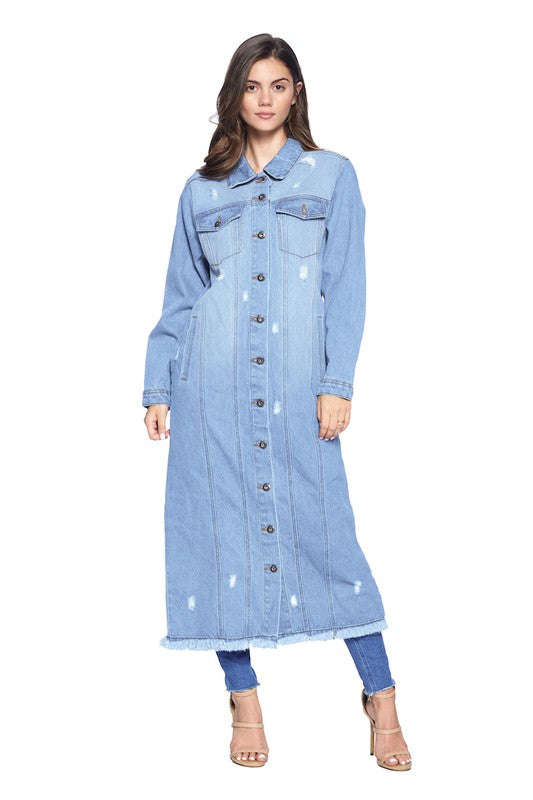 Blue Age Longline Distressed Denim Trench Coat Jacket in 4 Colors