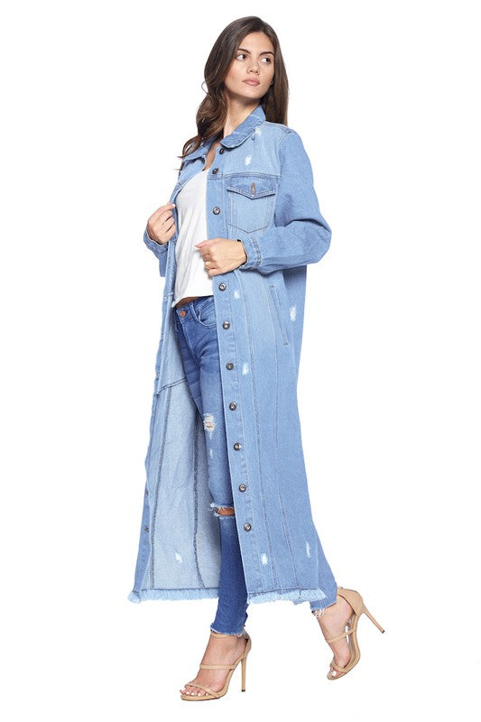 Blue Age Longline Distressed Denim Trench Coat Jacket in 4 Colors