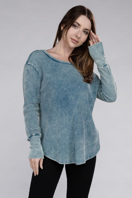 Zenana Washed Waffle-Knit Raw Hem Long Sleeve Tunic T-Shirt in 4 Colors