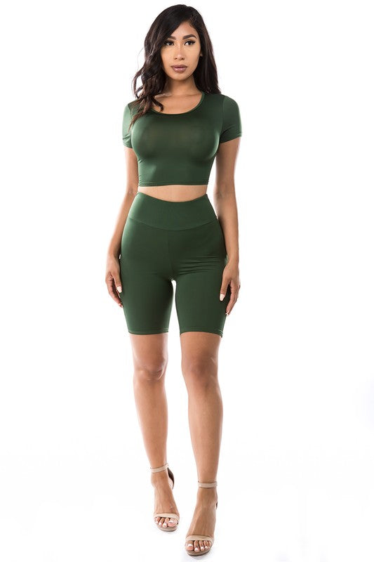 BY CLAUDE TWO PIECE CROP TOP AND BICYCLE SHORTS LOUNGE SET