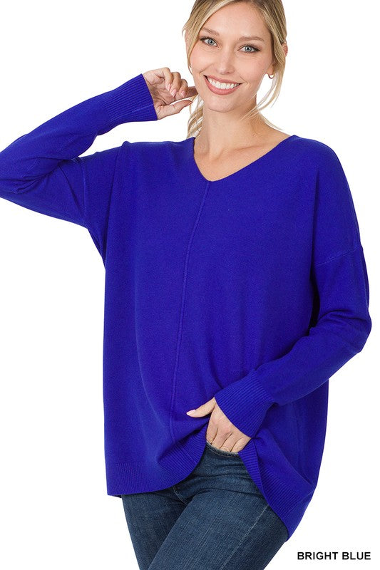 Zenana Hi-Low Garment Dyed V-Neck Front Seam Sweater in 4 Colors